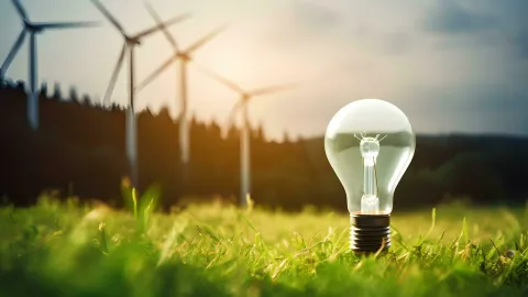 Light bulb in a field with wind turbines in the background 